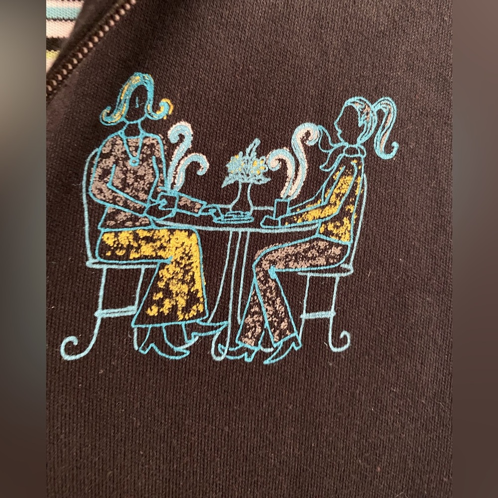 Breckenridge jacket. sidewalk café. Navy blue with cat design. Size small. - Picture 4 of 16